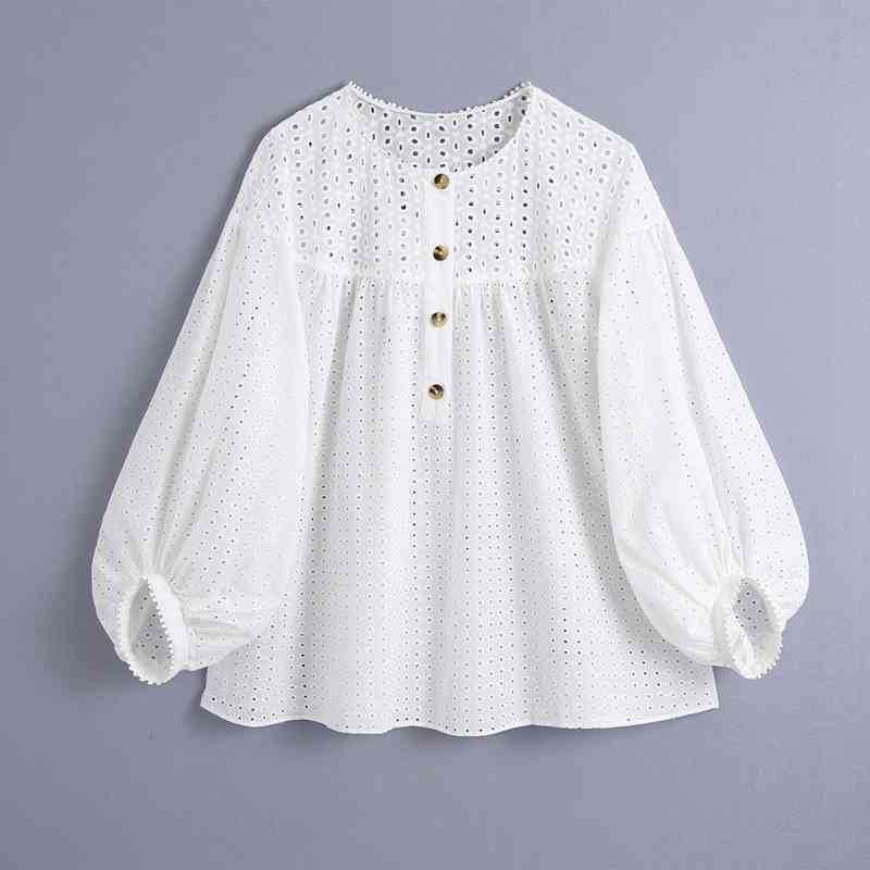 

Casual Hollow Out Embroidery Blouse Lantern Sleeve Pullover Shirts Female Spring Loose Tops Women See Through Lace Shirt 210525, White