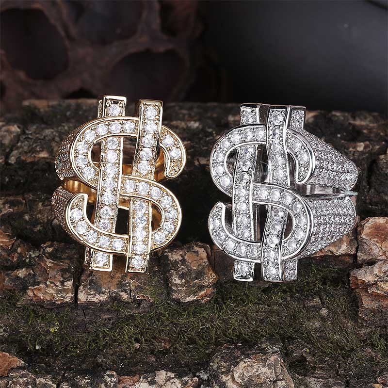 

Mens Hip Hop Ring Jewelry Dollar Sign Gemstone Zircon Fashion Big Gold Rings