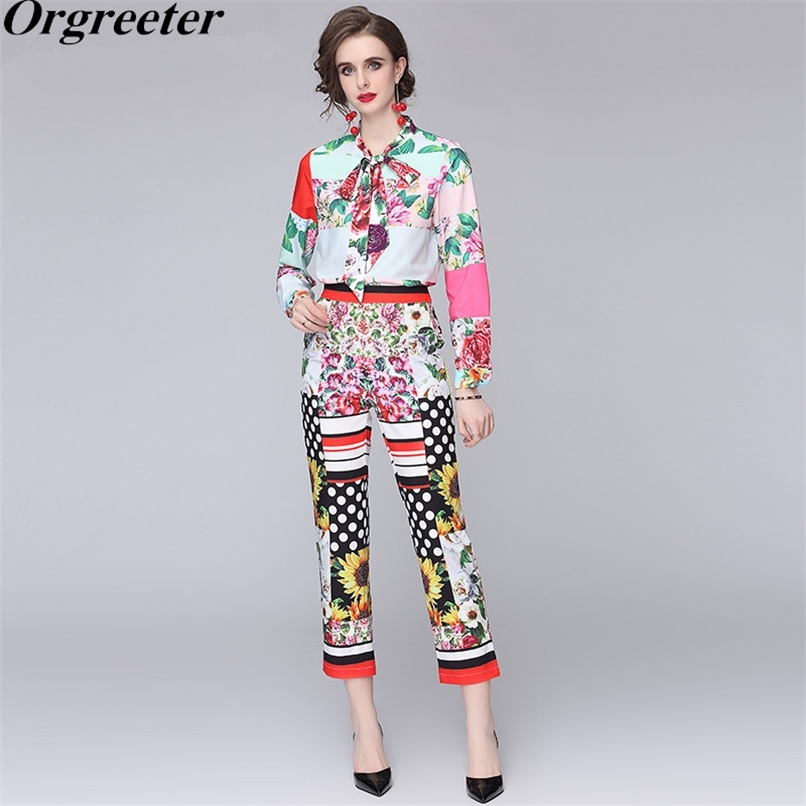 

Summer Fall Runway High Quality Shirt Pants Two piece set Women Bow Collar Flower Print Blouse and Sunflower Dot Suits 210602, Picture color