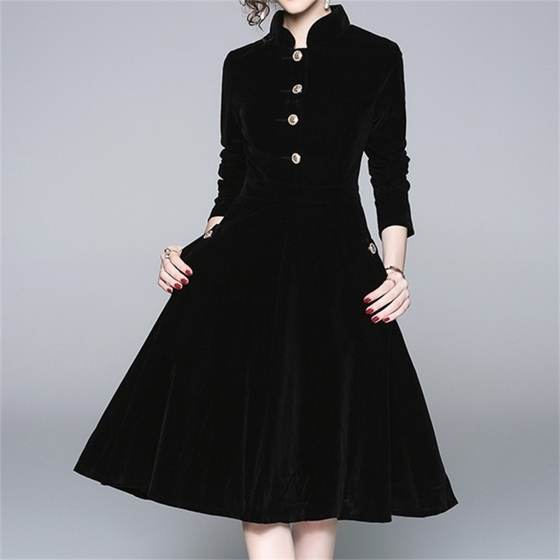 

High Quality Winter Runway Dress Designers Women Elegant Full Sleeve Lace Up Mid Calf Black Velvet Ball Gown Party Dresses 210603, Picture color