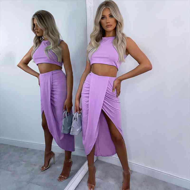 

white casual two piece set pleated long skirt split autumn women set high stretch 2 piece women outfit, Gray