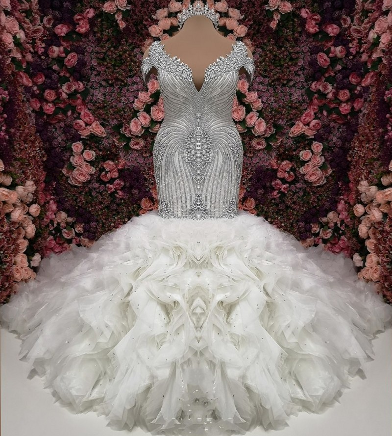 

Luxury Bridal Gowns Crystal Mermaid Arabic Wedding Dresses 2022 Beading Ruffles Court Train Illusion Back Robe De Mariee Vestidos De Noiva, White
