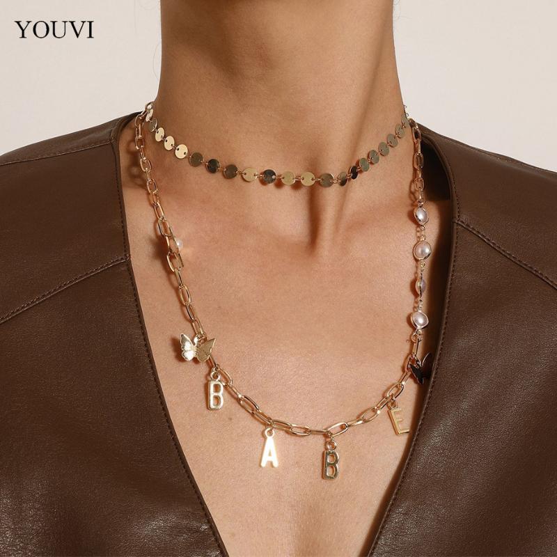 

Chains YOUVI Est Fashion Jewelry Accessories Gold Color Multiple Layers Sheet Chain Necklace For Women BABE Letter Pedant, Silver