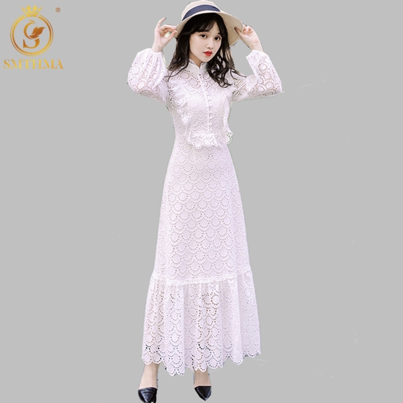 

Autumn And Winter White Women Lace Dress Long Sleeves Stand Collar Chic Ruffle Runway Vestidos 210520, Photo color