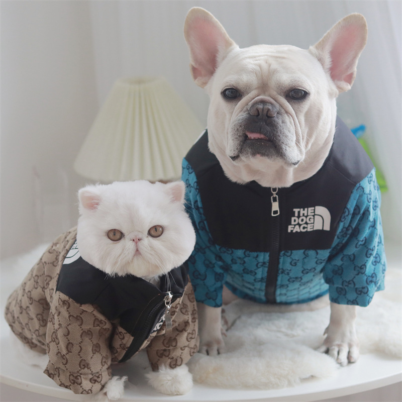 

Luxury brand dog apparel designer pet autumn/winter padded cotton-padded jacket tide brand method schnauzer teddy cat small dog, Blue(without hat)