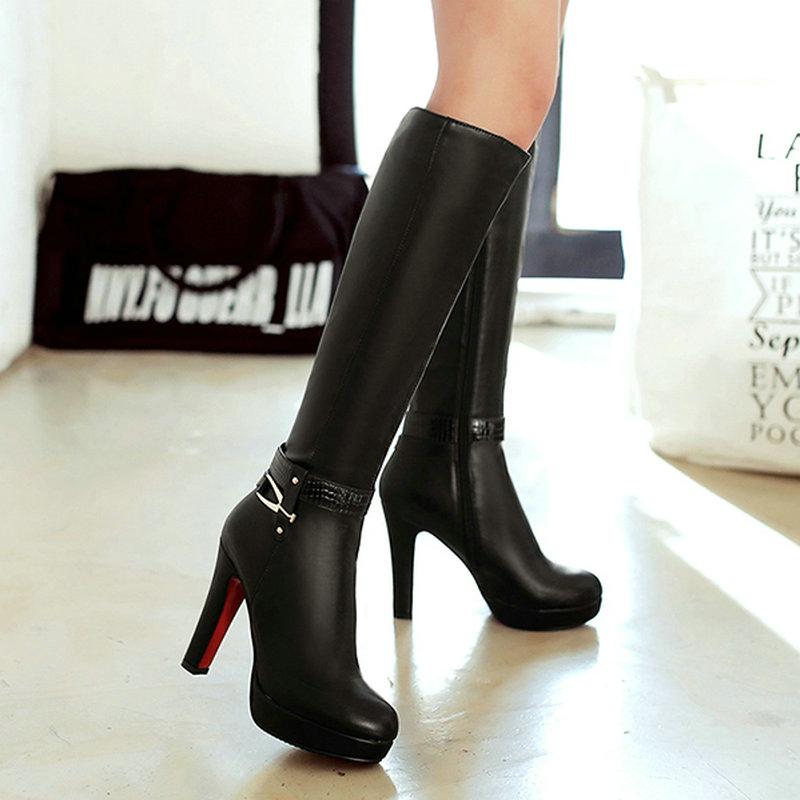 

Boots Faux Leather Women Fashion All Match Knee High Winter Platform Heel Shoes Black White Apricot 2022