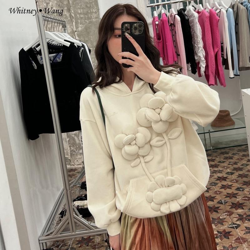 

Women's Hoodies & Sweatshirts WHITNEY WANG 2021 Autumn Winter Fashion Streetwear 3D Florals Hooded Fleece Sweatshirt Women Pullover, Black