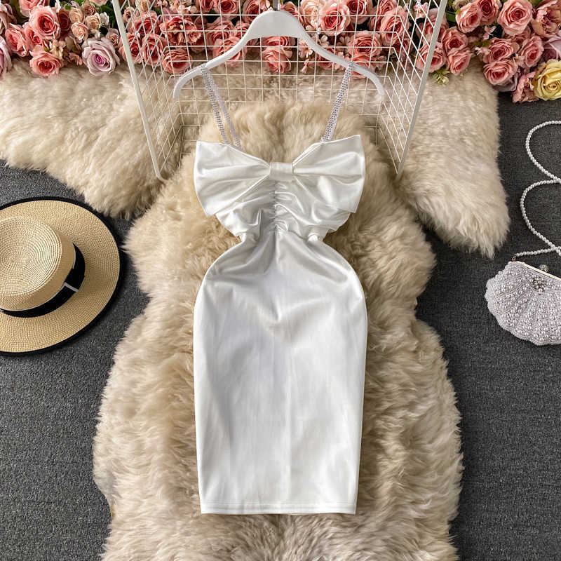 

Sexy Bodycon Spaghetti Strap Mini Dress Women White/Black Bow High Waist Draped Vestidos Club Party Female Summer Fashion 2021 Y0603