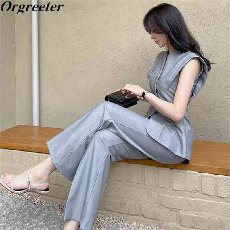 

Summer Women' Shirt Office Lady Solid V-neck Sleeve less Top Casual High waist Wide leg Pants Suits Two piece Trousers Set 210602, Gray
