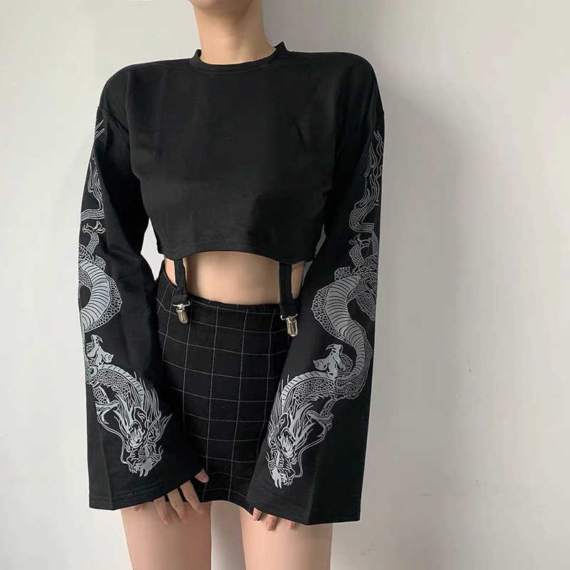

Street trend Chinese trumpet sleeve top women's loose short dragon Print Top Black 210604