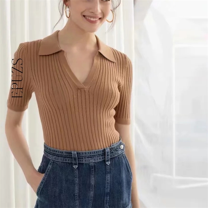 

Vintage green white polo shirt women shorts short sleeve cropped  mujer streetwear v neck knitted 210521, Black