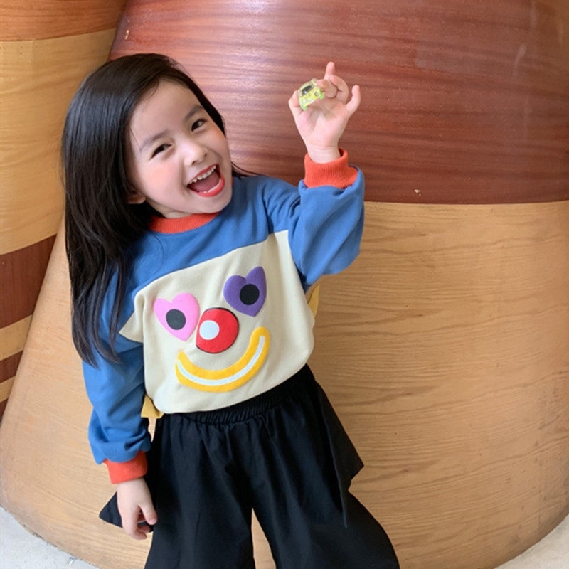 

Unisex Children sweatshirt Boys Cartoon Smiley Cotton Long Sleeve Girls Casual all-match hoodies Kids Tops 210615, Blue