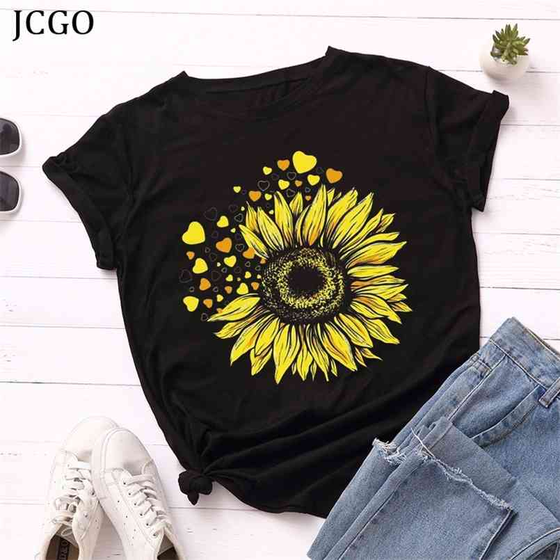 

JCGO Summer Women T Shirt 5XL Plus Size Cotton Flower Heart Print Short Sleeve Tees Tops Casual O-Neck Female Oversized TShirt 210708, Light pink