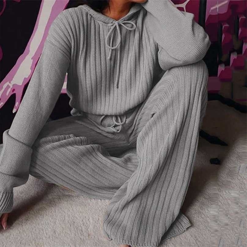 

Autumn Winter Knitted Pajama Set Women Hooded Pants Home Suit for Long Sleeve Sleepwear Loose Lounge Wear Ladies 211109, Grey
