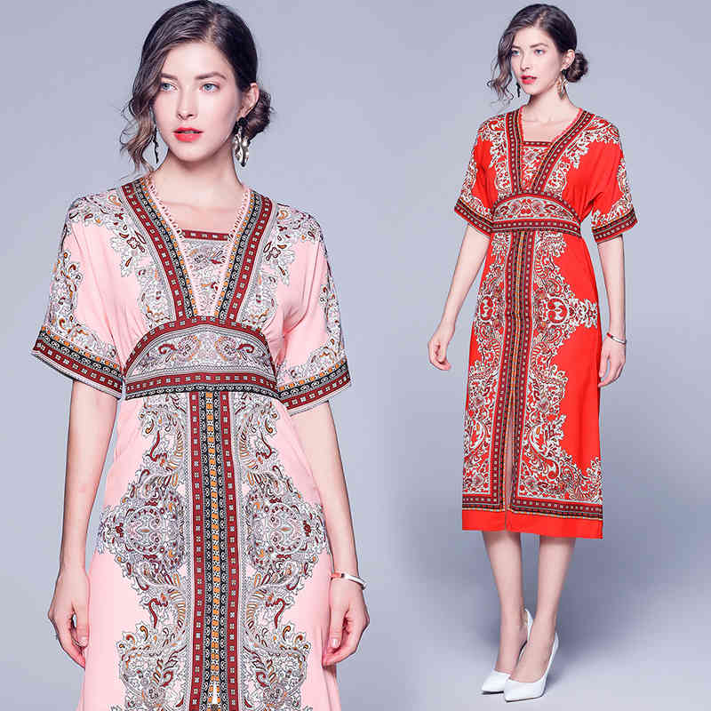 

Fashion Designer Women Summer Open fork Casual Dress Female Vintage Bohemian Holiday Robe Elegant Printed Dresses Vestidos 210525, Pink