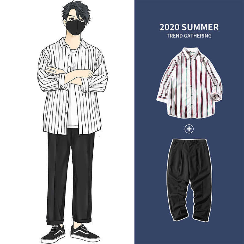 

men's wear striped long sleeve shirt with pants casual suits, Red and white