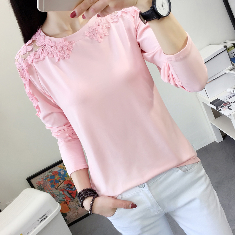 

Women Autumn Eleglant Lace Hollow Out Blouse Shirt Long Sleeve Pink Blouse Tops Female Outfit Tops 210518