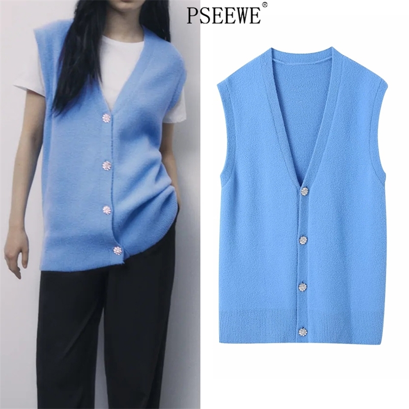 

Blue Long Knitted Sweater Vest Women Winter V Neck Sleeveless Woman Bejewelled Button Soft Warm Waistcoat 210519