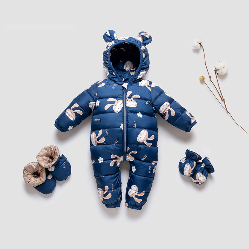 

Children's suit Children Winter Jumpsuit for Girls Baby Thick Hooded Floral Snowsuit Newborn Warm Sleeping Bag New Year Toddler Clothes, Blue;gray