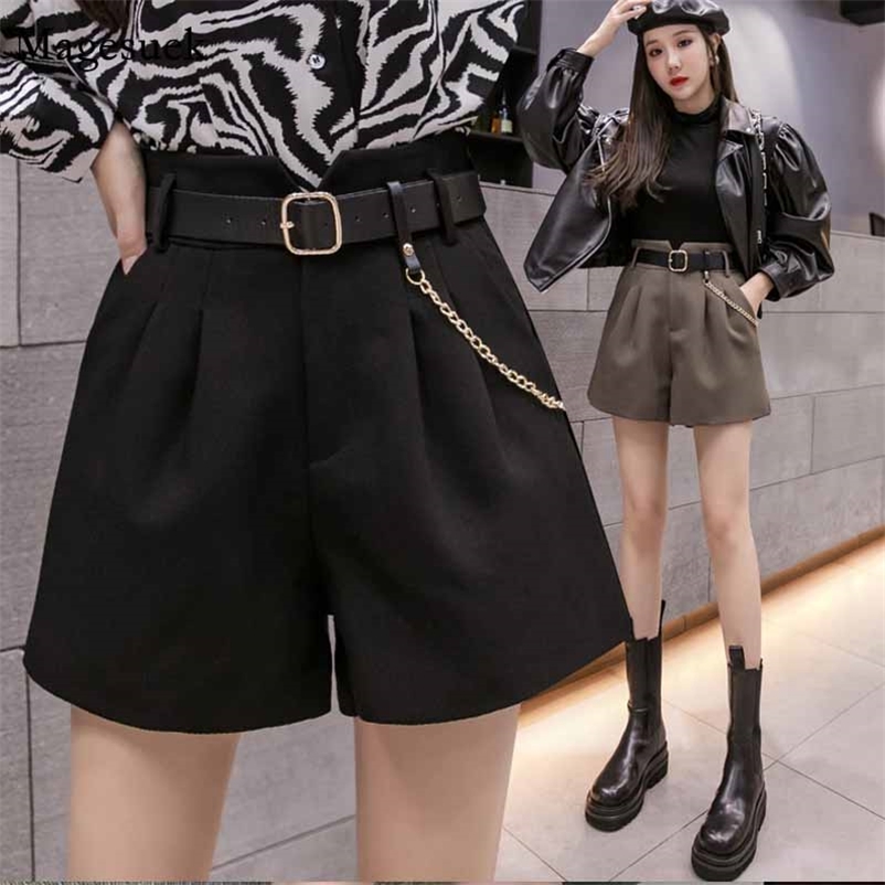 

Autumn Solid Loose Casual Women Short Slim High Waist Wide Leg Bottom Fashion Pocket with Chain 11367 210518, Black