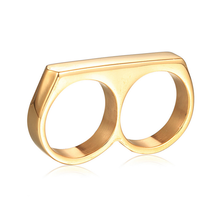 

2 Holes EDC Punk Double Finger Titanium Ring Hand Tools Self defense Stainless Steel Ring Personal Safety Rings Toy Sports, Golden;silver