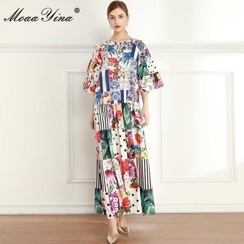 

Summer Runway Elegant Party Maxi Dress Women Half sleeve Loose Color Matching Flower Print Vacation 210524, Multi