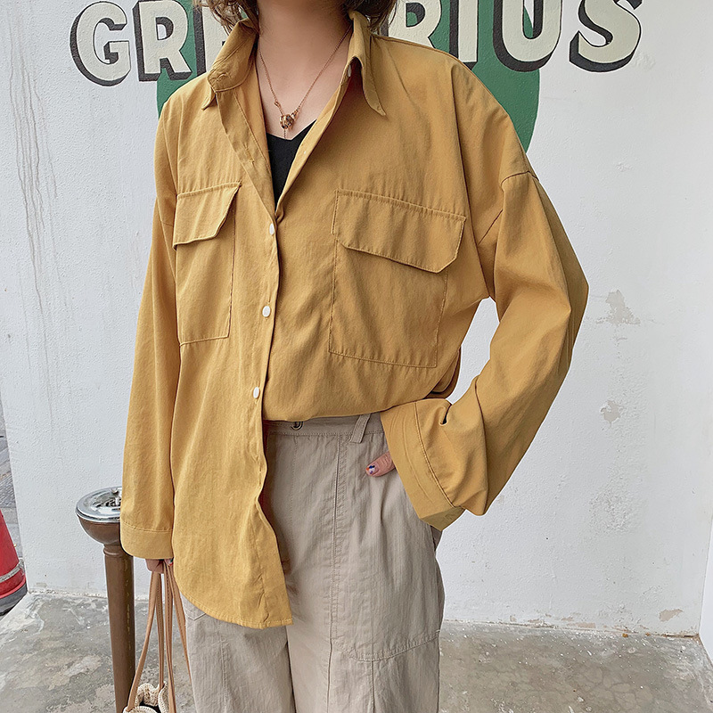 

Johnature Regular Full Sleeve Tops Casual Pockets Solid Women Clothes Turn-down Collar Loose Cotton Shirts Women Blouses 210521, White