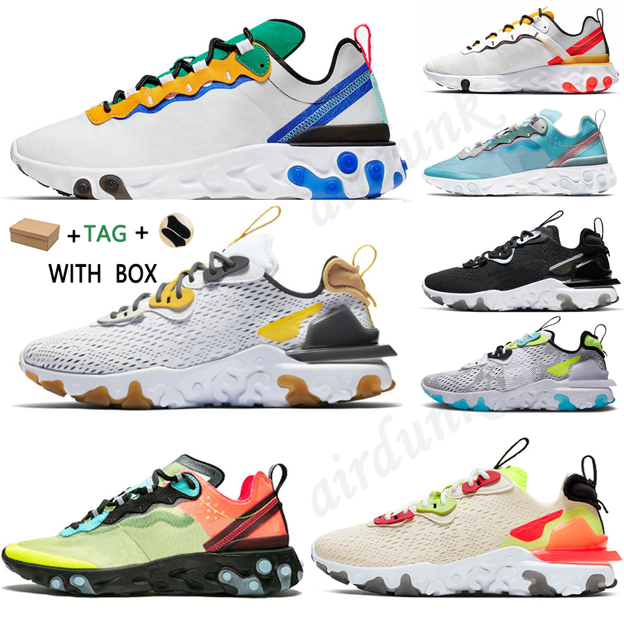 

[With box]2021 React element 87 55 mens womens running shoes Undercover mesh Breathable Iridescent Vision Sports Trainers Outdoor Sneakers size 36-44