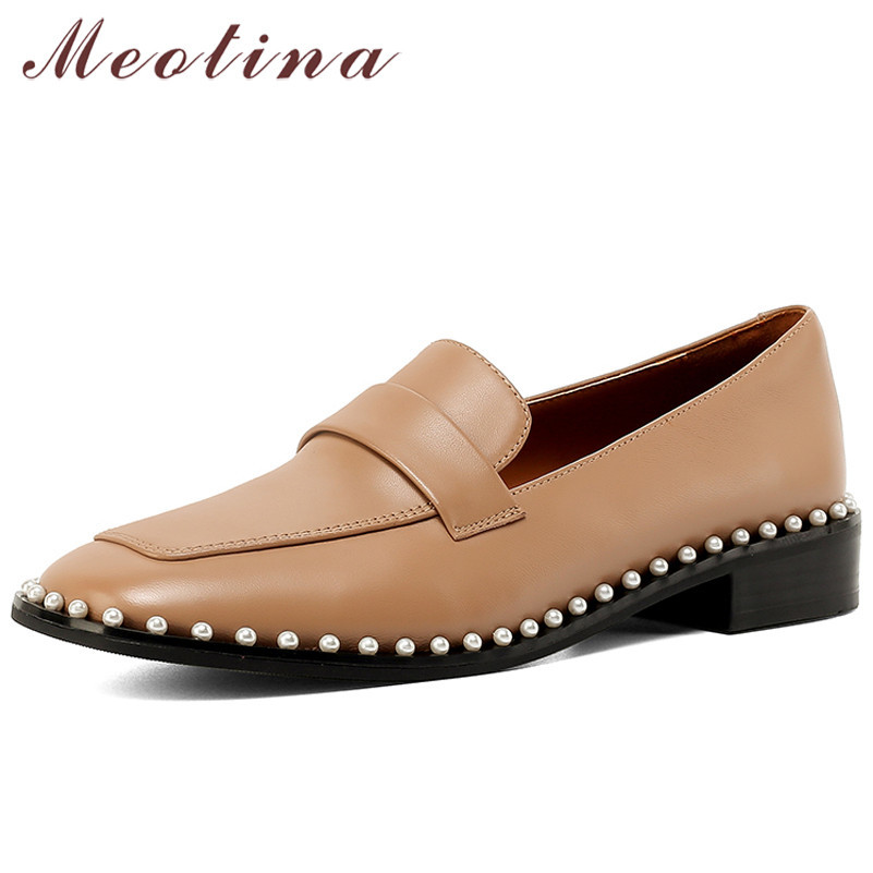 

Natural Genuine Leather Low Heels Women Shoes Pearl Thick Heel Sheepskin Square Toe Pumps Female Footwear 210517, Apricot