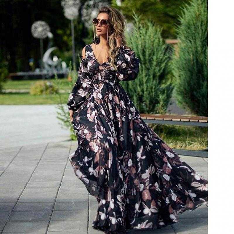 

Women Dress Lantern Sleeve V-neck Off Shoulder Print Plus Size Vintage Sexy Long Flowers es Fashion 210524, Printing