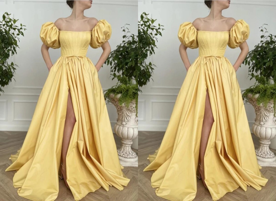 

Vintage Yellow Side Slit Evening Bridesmaid Dress Off the shoulder Ribbon with Bows Short Sleeves Satin Ruched Prom Pageant Formal Cocktail Dresses, Light sky blue