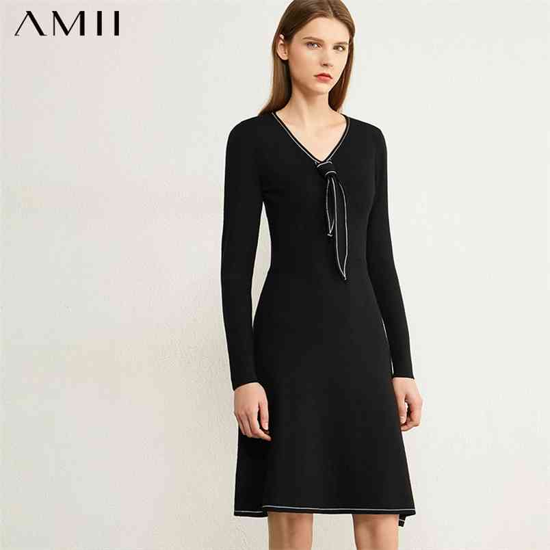 

Minimalism Autumn Winter Dresses For Women Fashion Temperament Bow Neck Slim Fit Knee-length Women's Dress 12040679 210527, Black