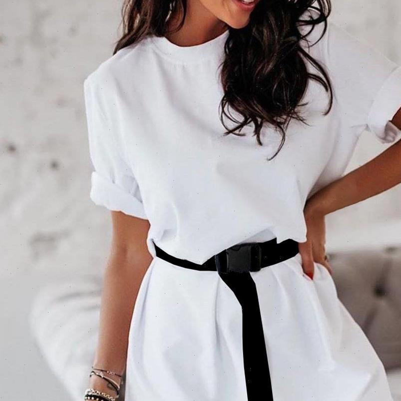 

casual womens dress solid with belt leisure white dresses summer t shirt women short vestidos clothes, Black;gray