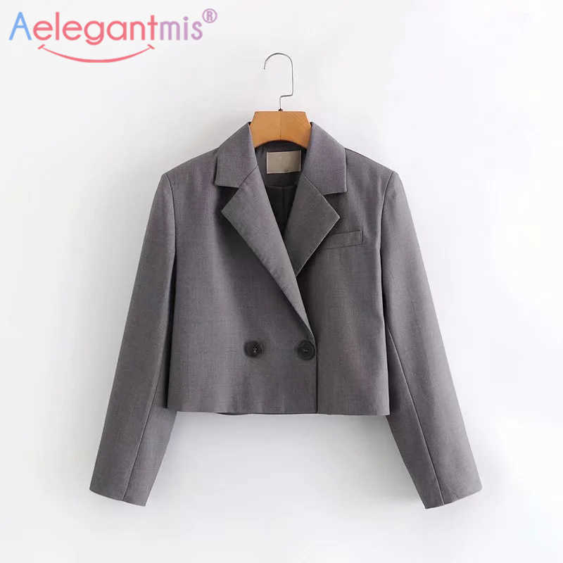 

Aelegantmis High Quality Women Korean Fashion Cropped Blazer Jackets Chic Notched Collar Loose Female OL Work Short 210607, Gray