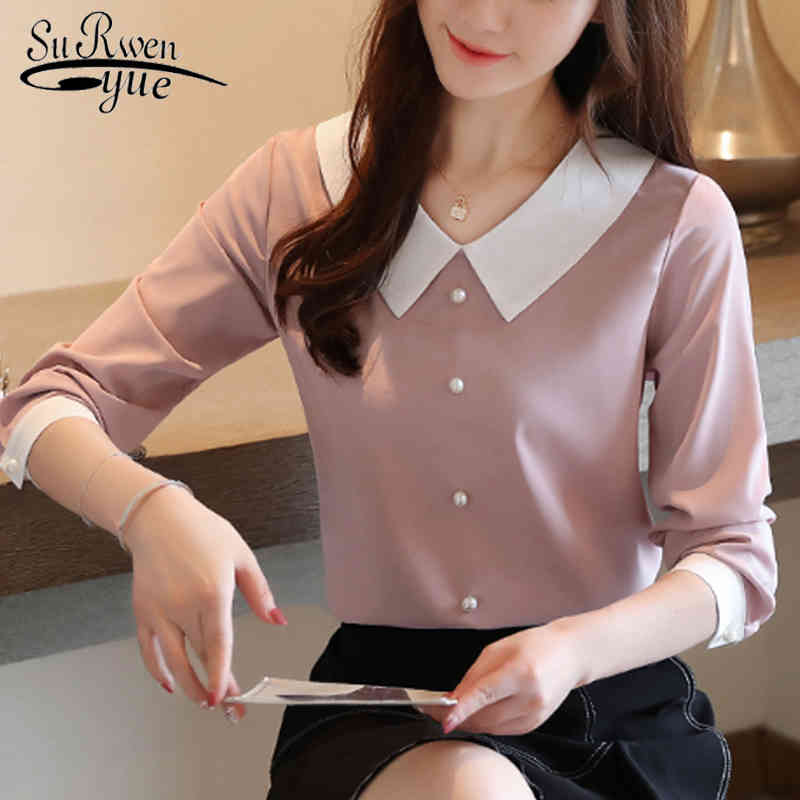 

Casual Long Sleeve Chiffon Blouse Korean Fashion Clothing Women Tops and Solid Autumn Button Blusas 6276 50 210521, Apricot
