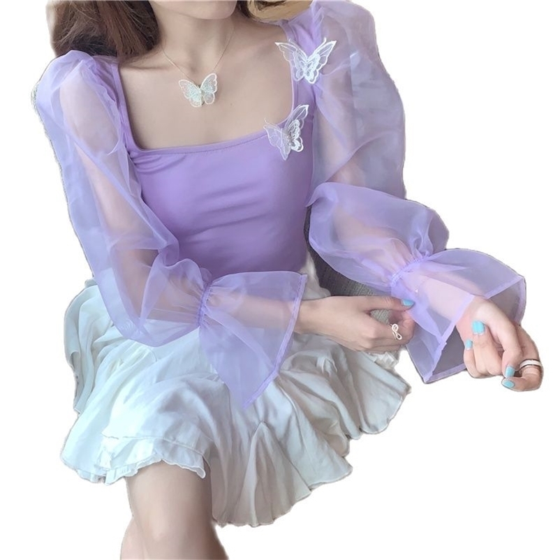 

Women Purple Blouse Butterfly Insert Chiffon Blouses Square Neck Transparent Lantern Sleeve For Autumn 210518