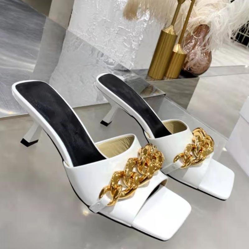 

Designer beautiful high heels women's sandals fashion summer casual comfortable leather office square head chain dress shoes, Extra shoebox