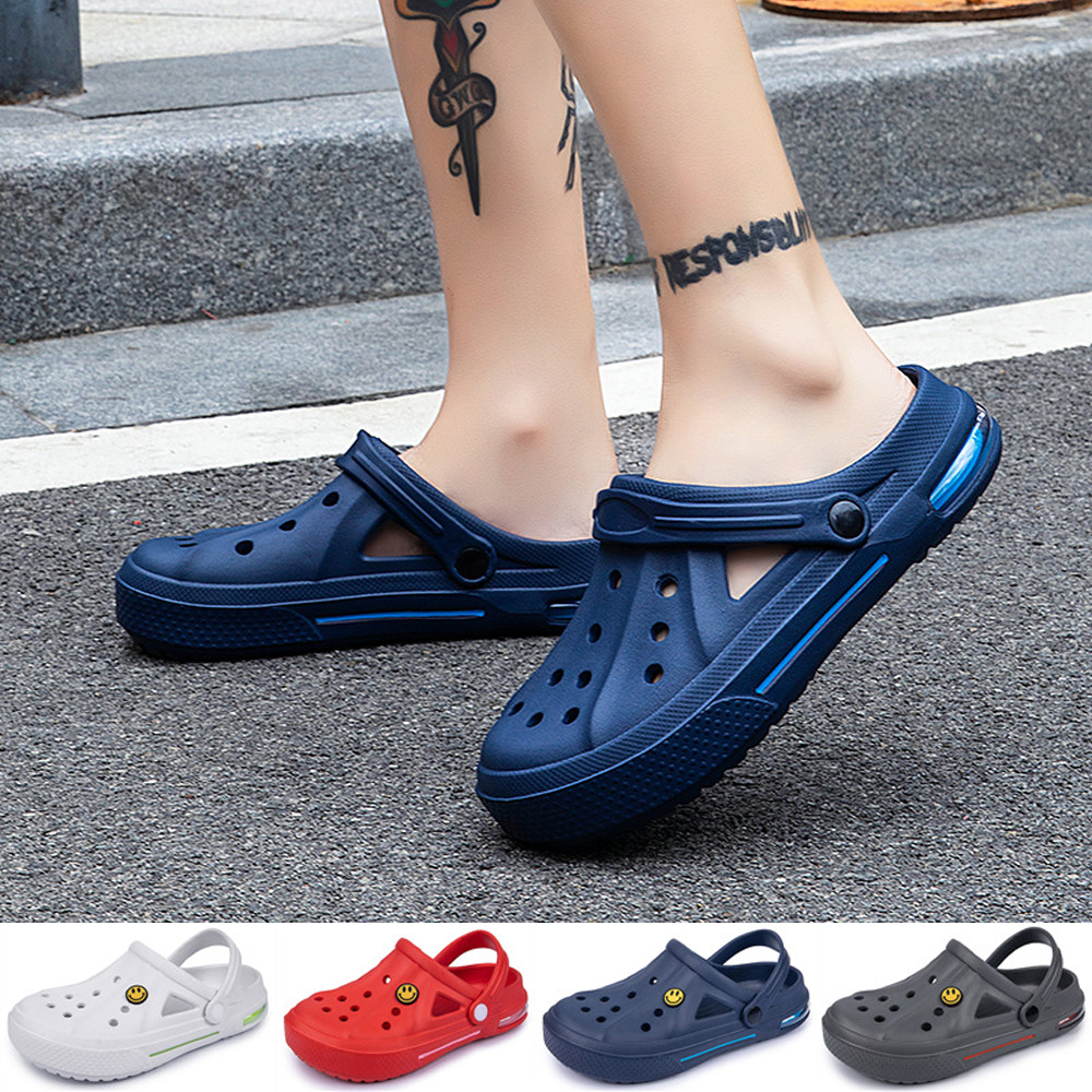 

Crocks Sandals Shoes Couple Clogs Summer Beach Flat Hollow Out Smiling Face Buckle Slippers, Blue