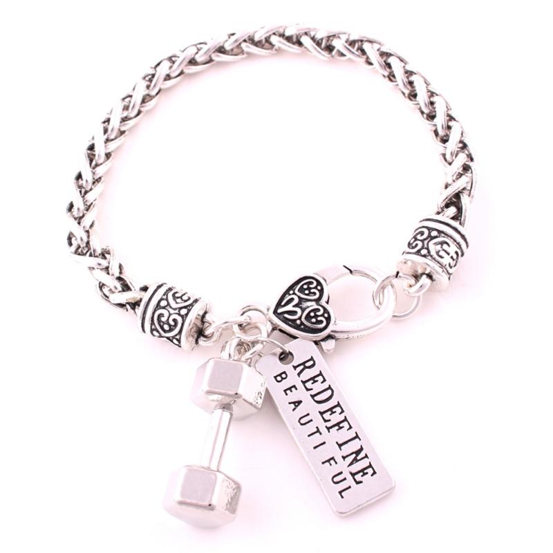 Charm Bracelets Sporty Style Pendant Dumbbell Shape With Sign REDEFINE BEAUTIFUL Written Bracelet For Women Men Zinc Alloy Provide Drop-image-704623695