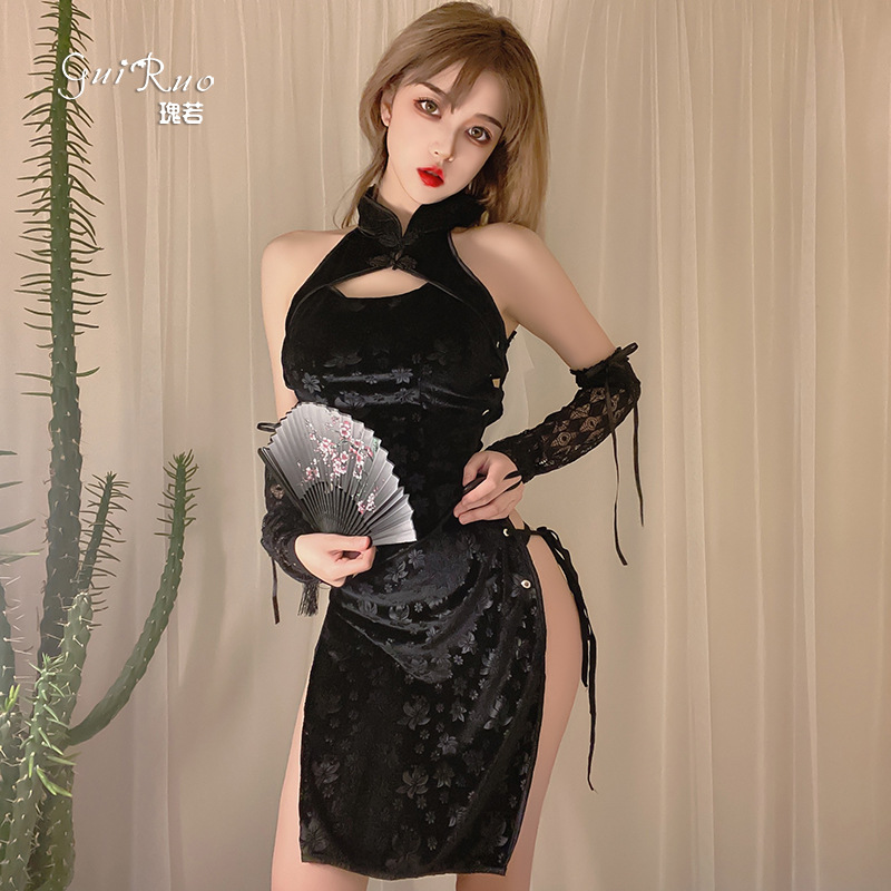 

GRIRUO Retro Cheongsam Dress Sexy Women Lace Up Side Split Party Cosplay Costume Hot Sexi Babydoll Dress 2021 Spring New Fashion, Red