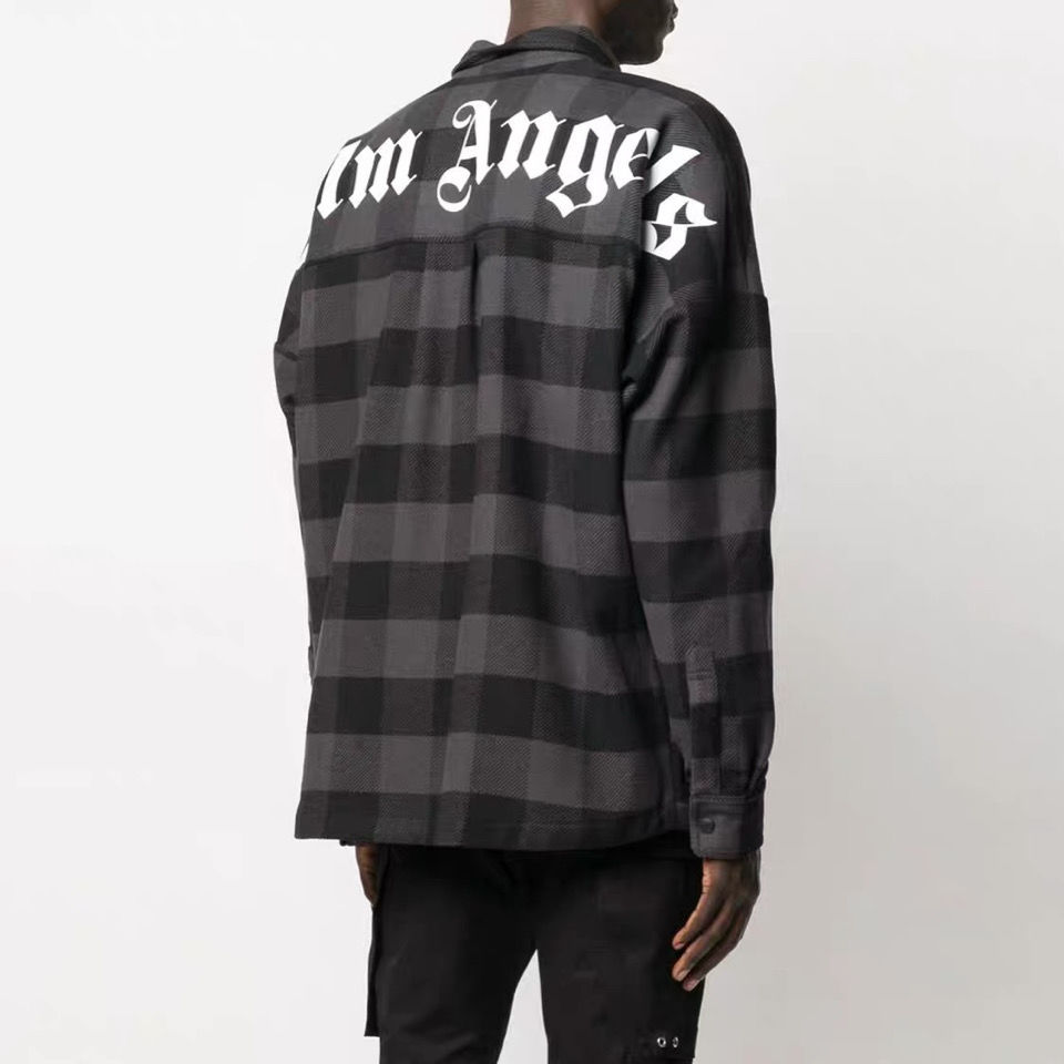 

Men's and Women's Cotton High-street Palm Plaid Shirt Long-sleeved Pocket Loose Jacket Big Letters Angels Print on The Back, White;black