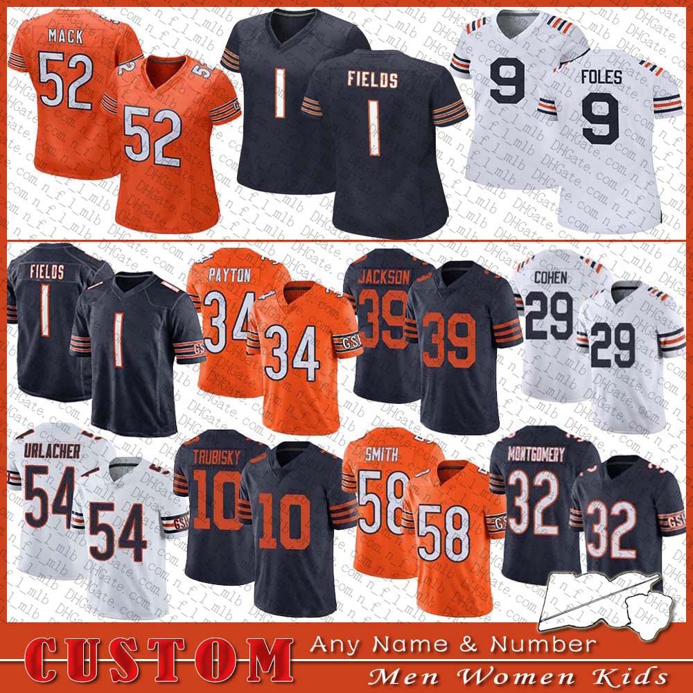 

1 Justin Fields 52 Khalil Mack Custom Men Women Kids Football Jersey 9 Nick Foles 14 Andy Dalton 39 Eddie Jackson 32 David Montgomery 17 Anthony Miller Chicago Bear, Shown