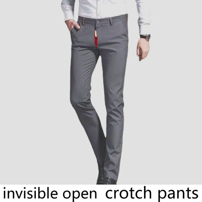 

Men's Pants Open-Seat Suit Spring And Summer Leisure Non-Ironing Gray Straight Slim Invisible Zipper, Blue autumn