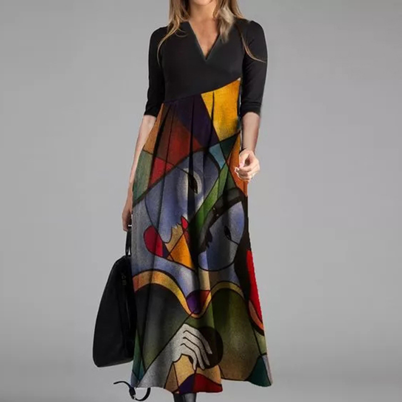

2021Sexy V Neck Cartoon Print Women Long Dress Spring Buttoned Patchwork Party Dress Autumn Long Sleeve Vintage Maxi Dresses Vestido, Black;gray