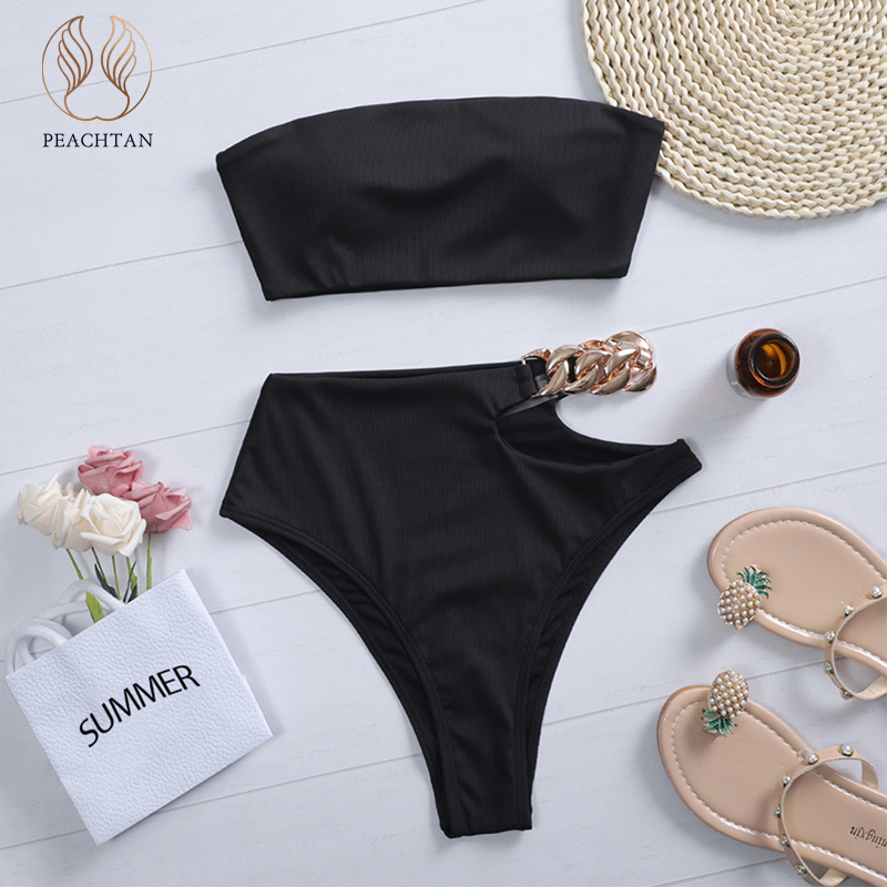 

Peachtan Solid bikini 2021 High waist swimwear female Chain swimsuit women Bandeau 2 pieces set Sports bathing suit Ribbed new