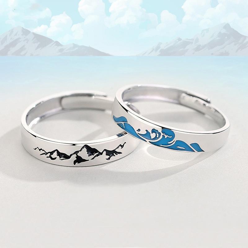 

Wedding Rings Fashion Couple For Lovers Jewelry Accessories Statement Silver-Color Mountain And Sea Pattern Open Band1