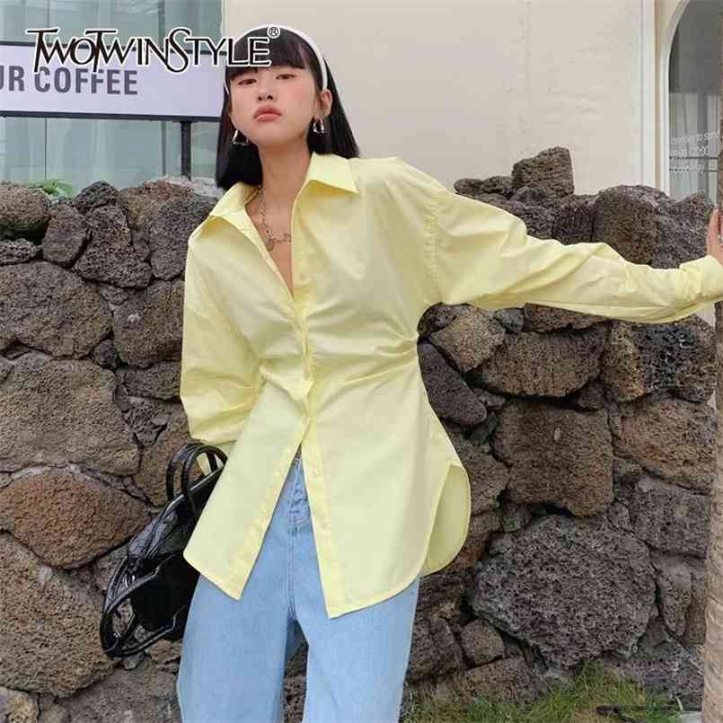 

White Ruched Shirt For Women Lapel Long Sleeve Minimalist Casual Tunic Blouse Female Fashion Clothing 210524