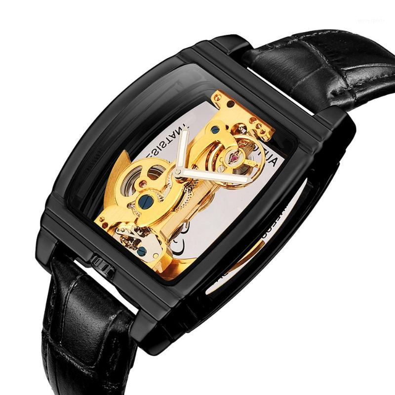 

Drop Retro Watch Watches Men Mechanical Steampunk Skeleton Self Winding Wristwatches Top Leather Clock, Black case brown