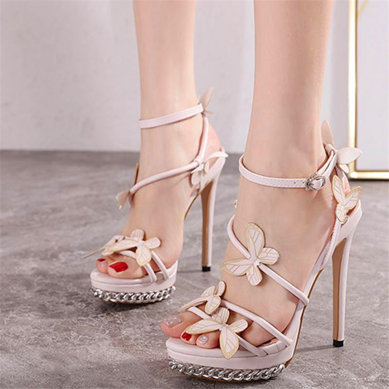 

Black Woman 14cm Super High Heel Shoes Fall Street Look Women Clip-On Strappy Ankle Strap Sexy Metal Chain Platform Sandals