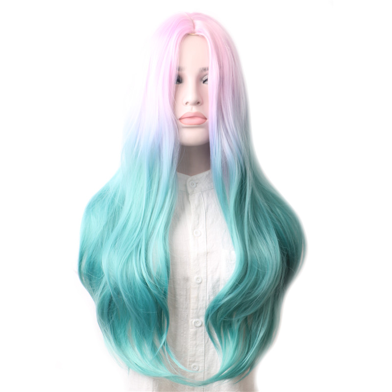 

WoodFestival Rainbow Curly Synthetic Wig Female Cosplay Wigs For Women Long Hair Colored Pink Red Blue Green Black Blonde Brown, Mix color